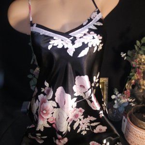 Satin Nightie Jet Black Gown Baby Doll Nightgown Shiny Flower Print Smooth m